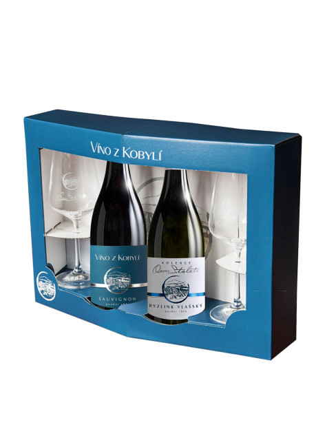 Víno z Kobylí Bílé duo se sklenkami 
